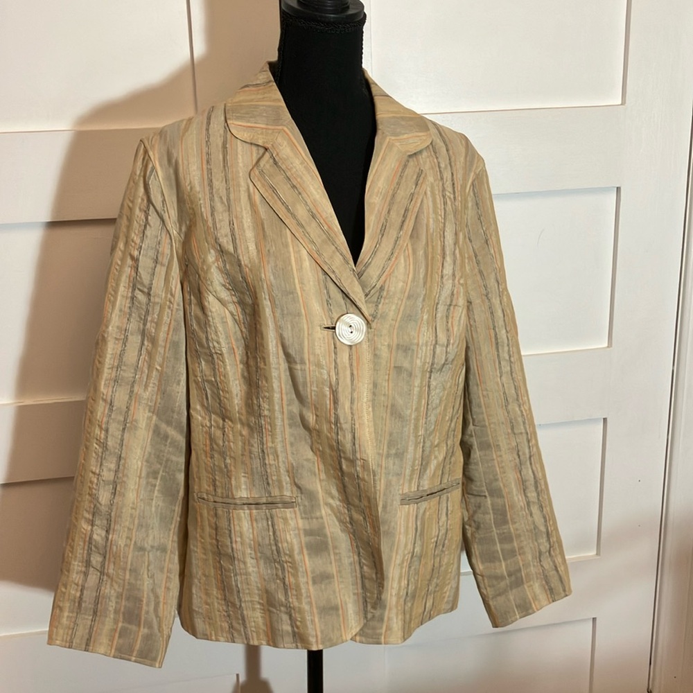 J. Jill Tan Linen Blend Striped Blazer with Notched Lapel